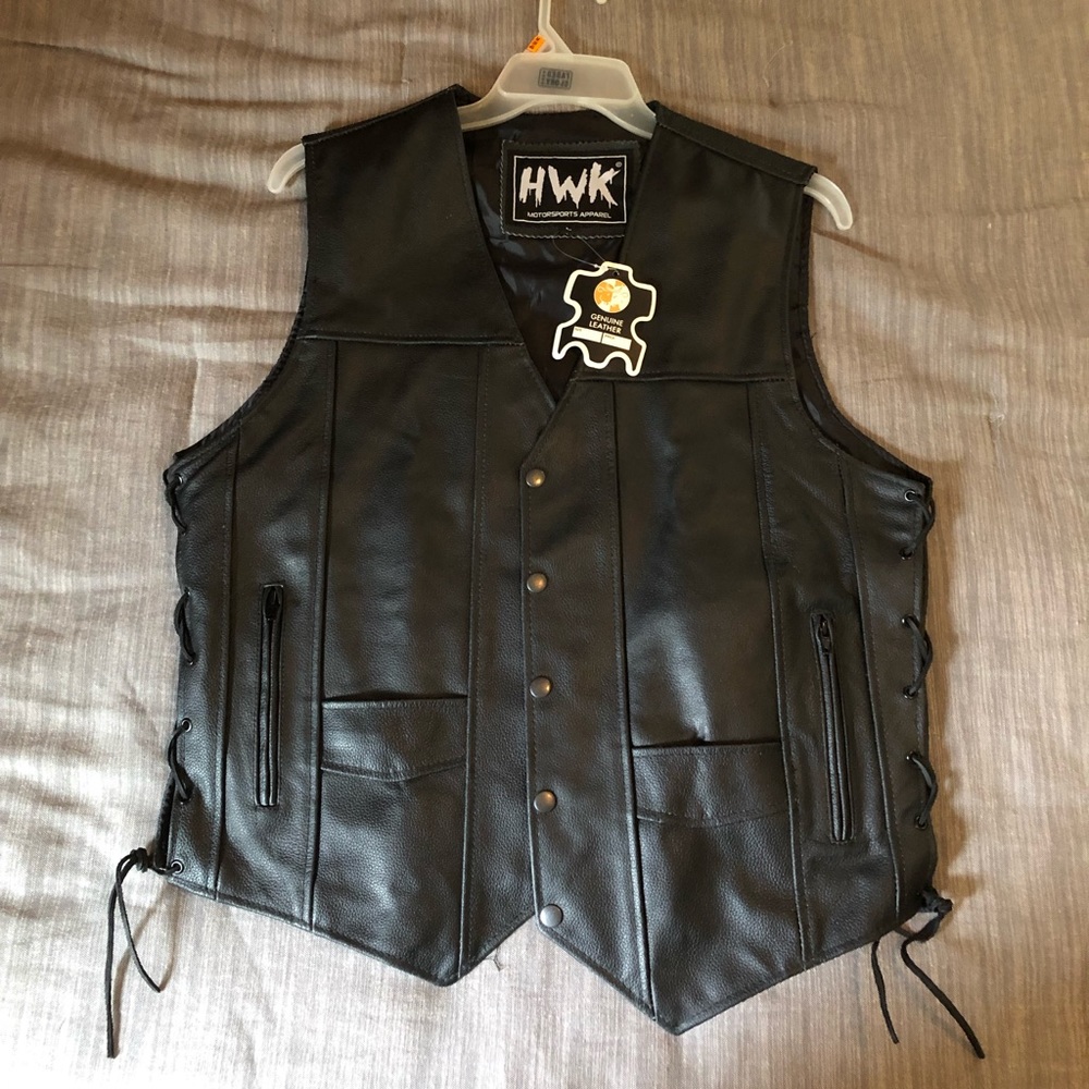 Men's HWK New Black Leather Motorcycle Vest Large